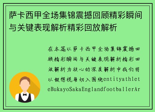 萨卡西甲全场集锦震撼回顾精彩瞬间与关键表现解析精彩回放解析